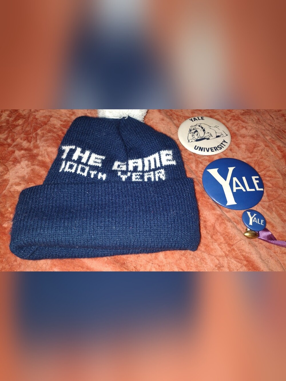 Yale Navy Pom Beanie with White Lettering And Vintage Novelty Button Pins - Picture 2 of 2